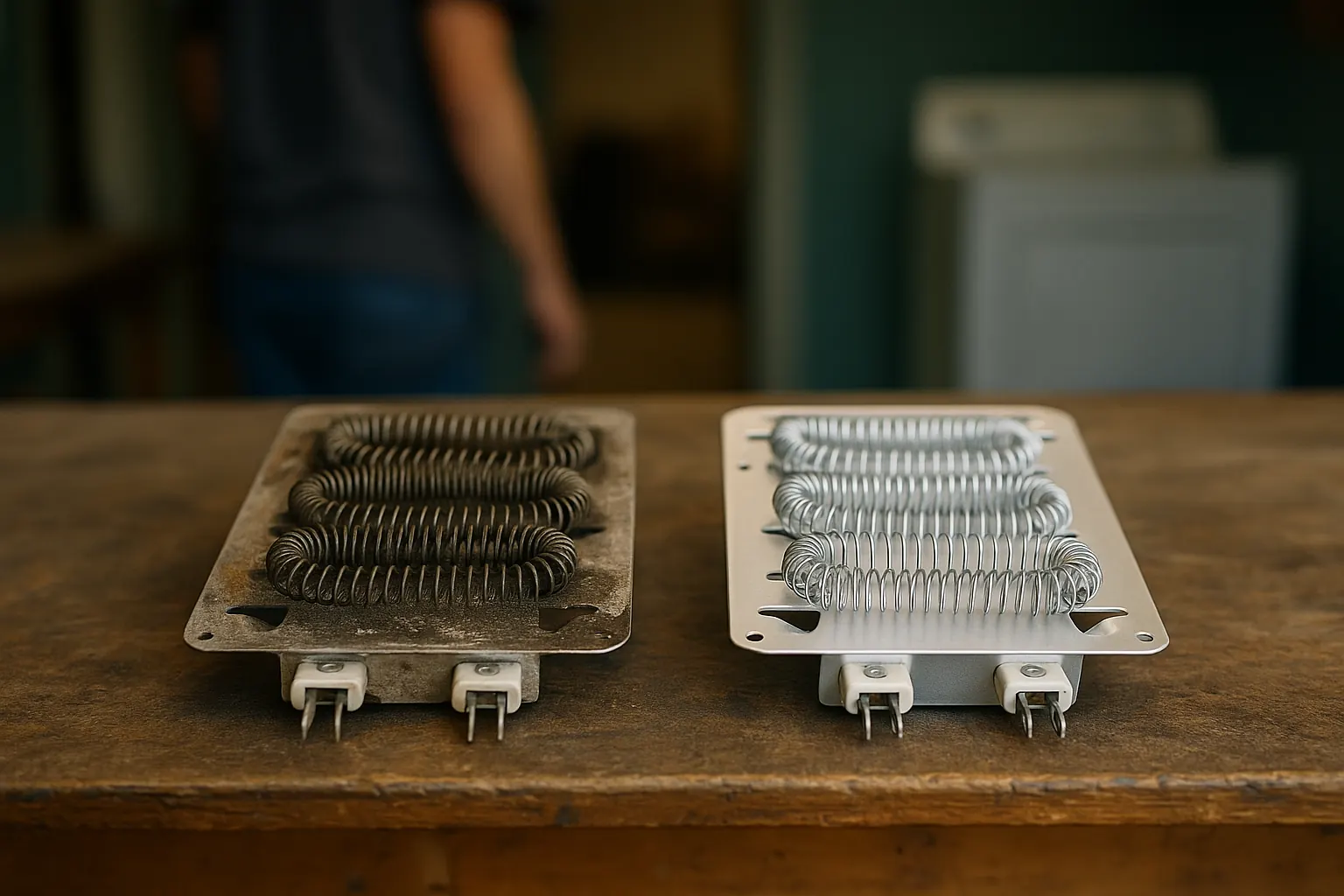 A worn dryer heating element and its new replacement lying side by side on a workbench.