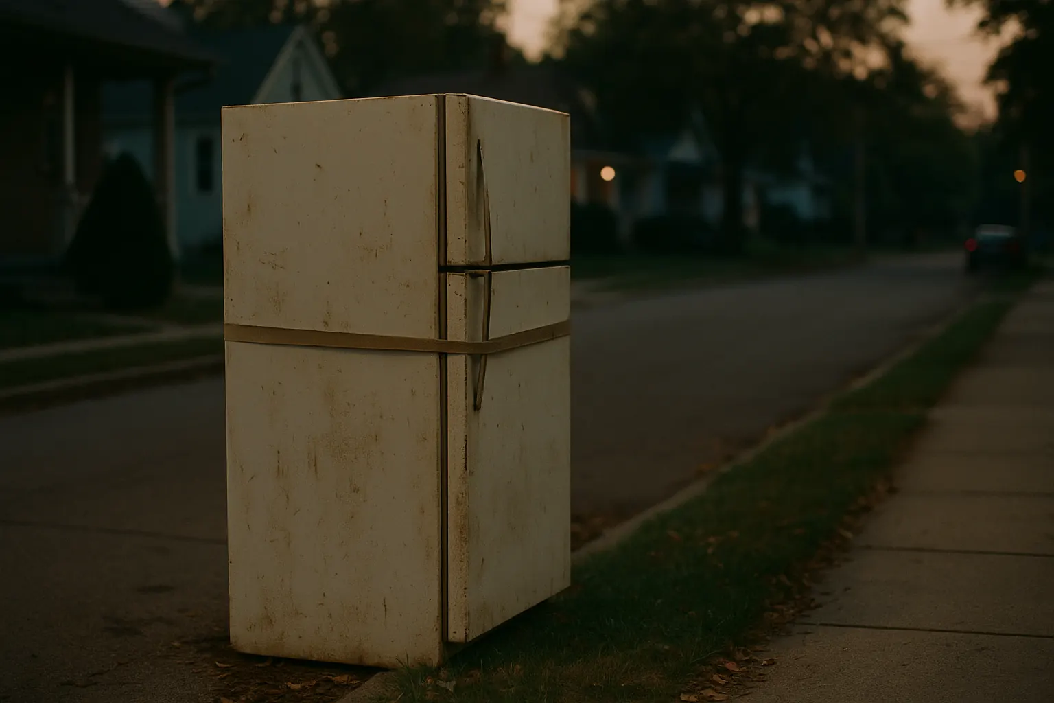 An old refrigerator standing at the curb on trash day, door strapped shut.