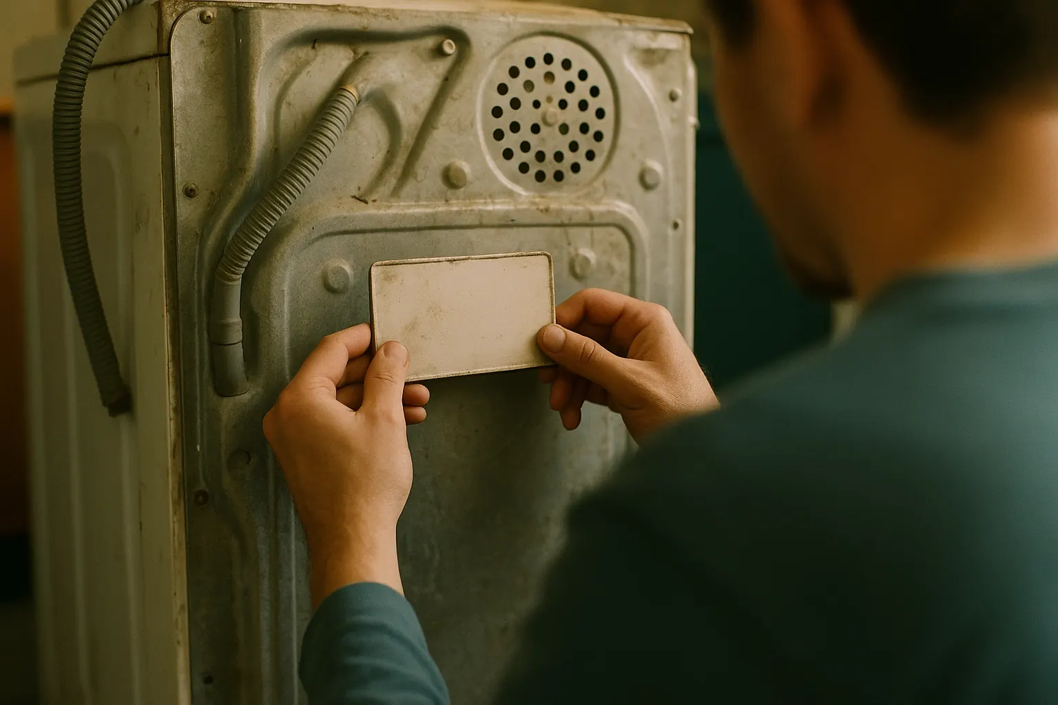 Close-up of hands examining the back panel of an appliance near the data-plate area.