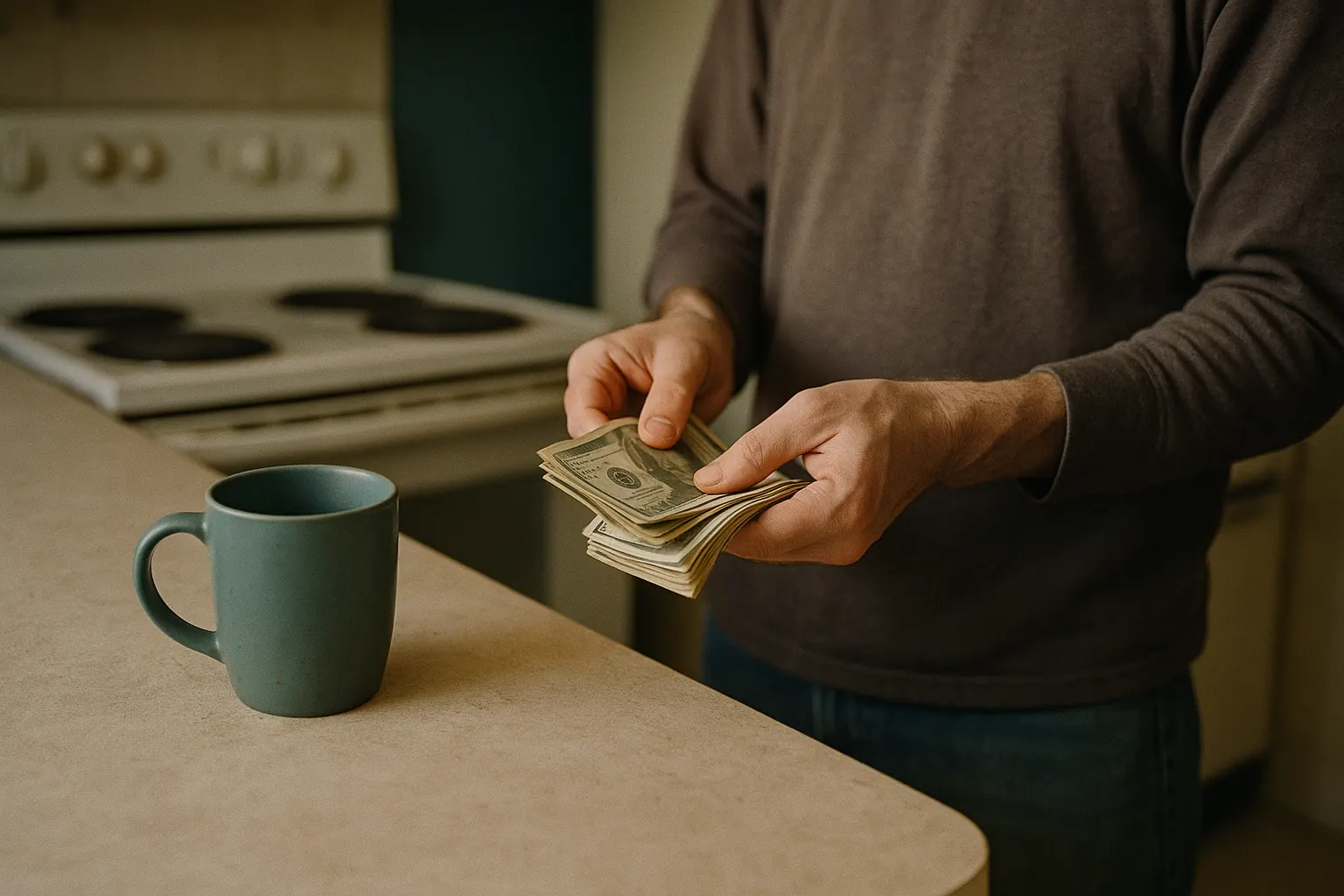 Hands counting folded cash over a kitchen counter.