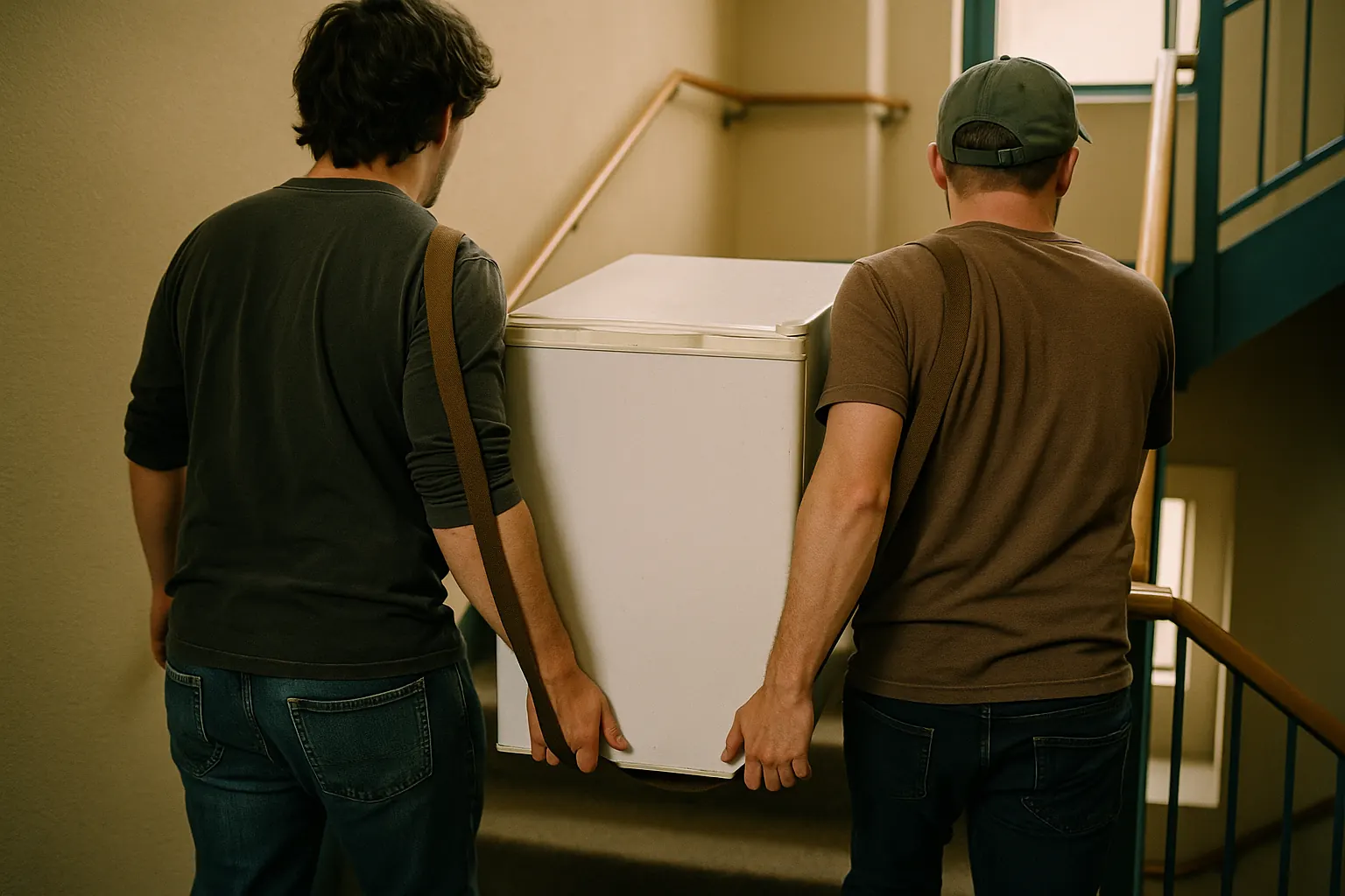 A compact refrigerator being carried up an apartment stairwell on a shoulder strap by two people.