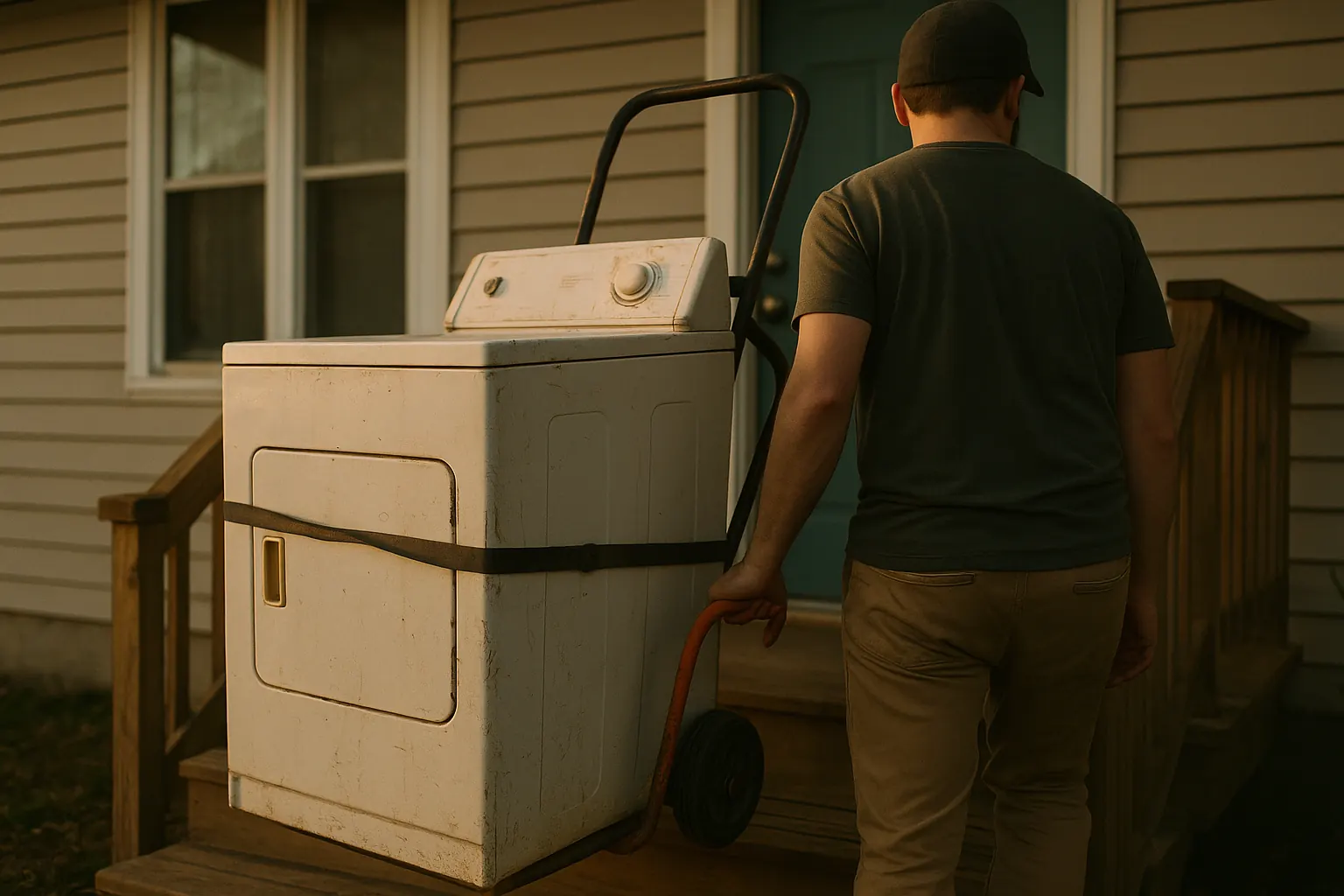 A used washer strapped to a hand truck being rested at the top of wooden porch steps, golden hour.