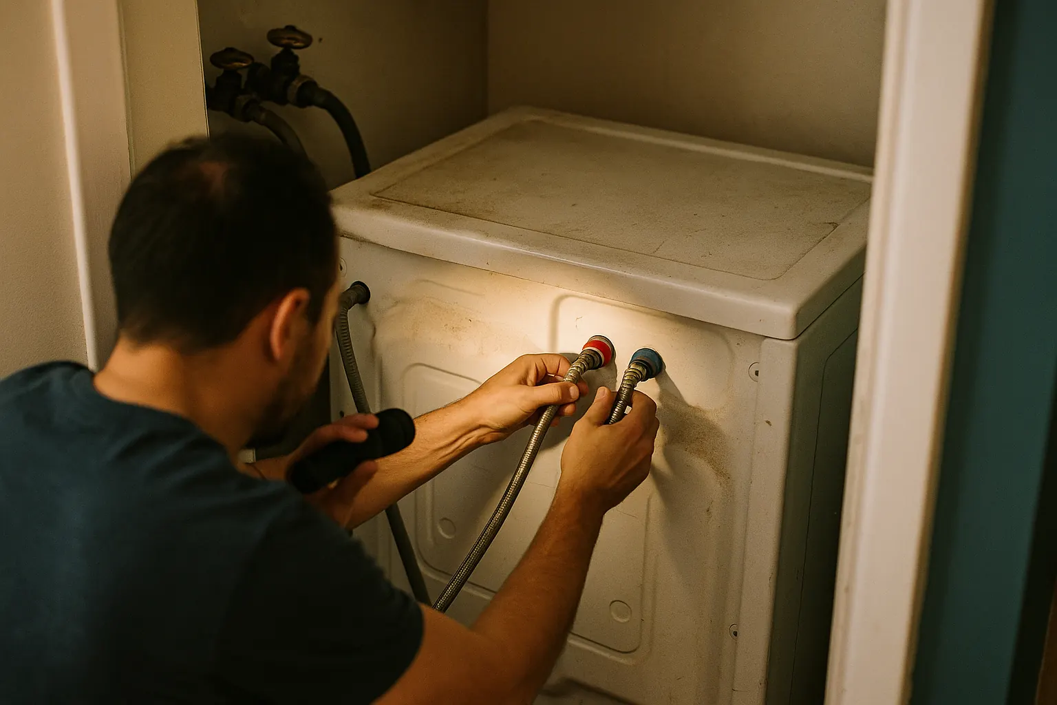 Hands connecting braided fill hoses to the back of a washer in a tight laundry closet.