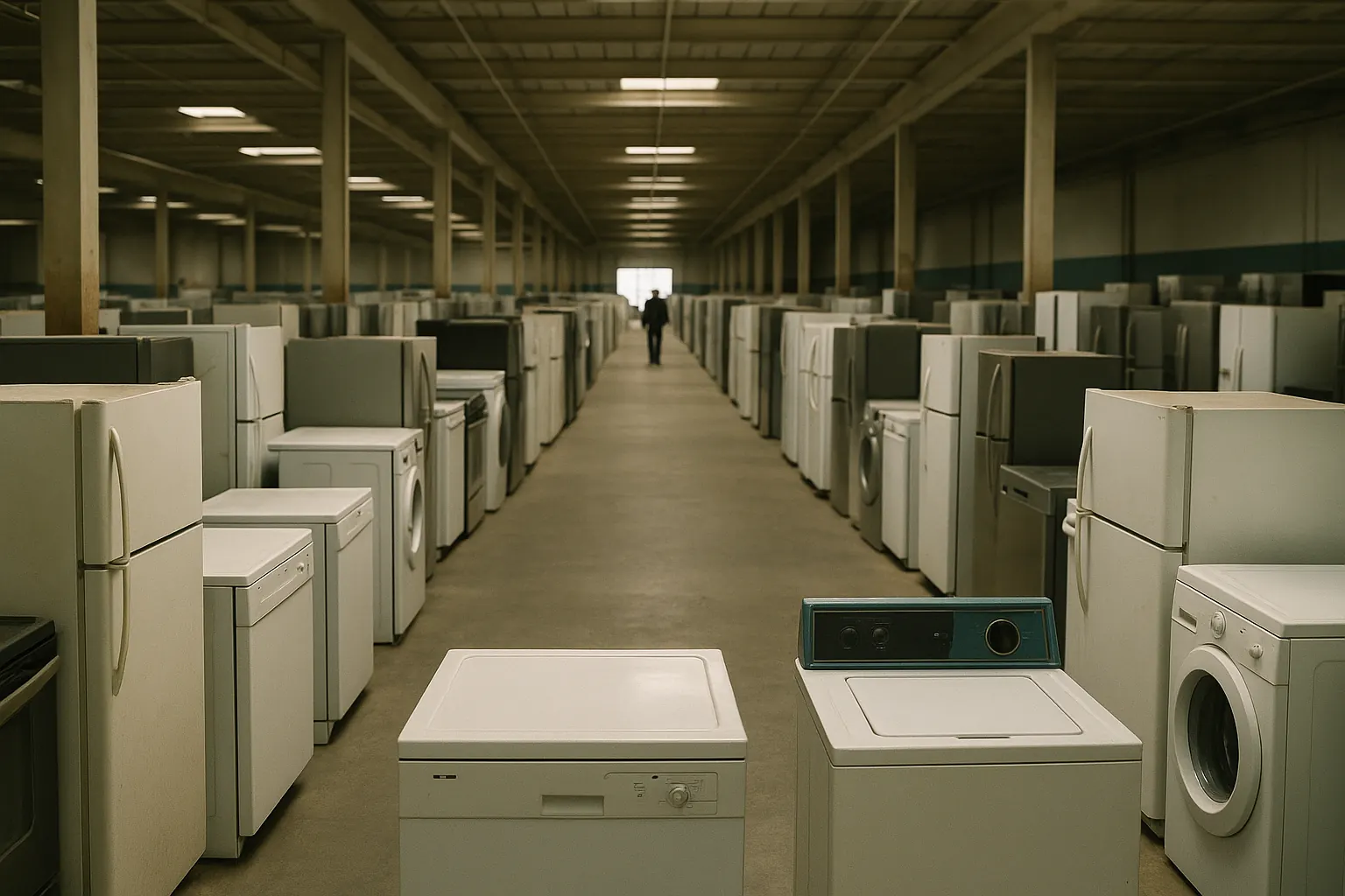 A vast clean warehouse with rows of appliances receding to a vanishing point.