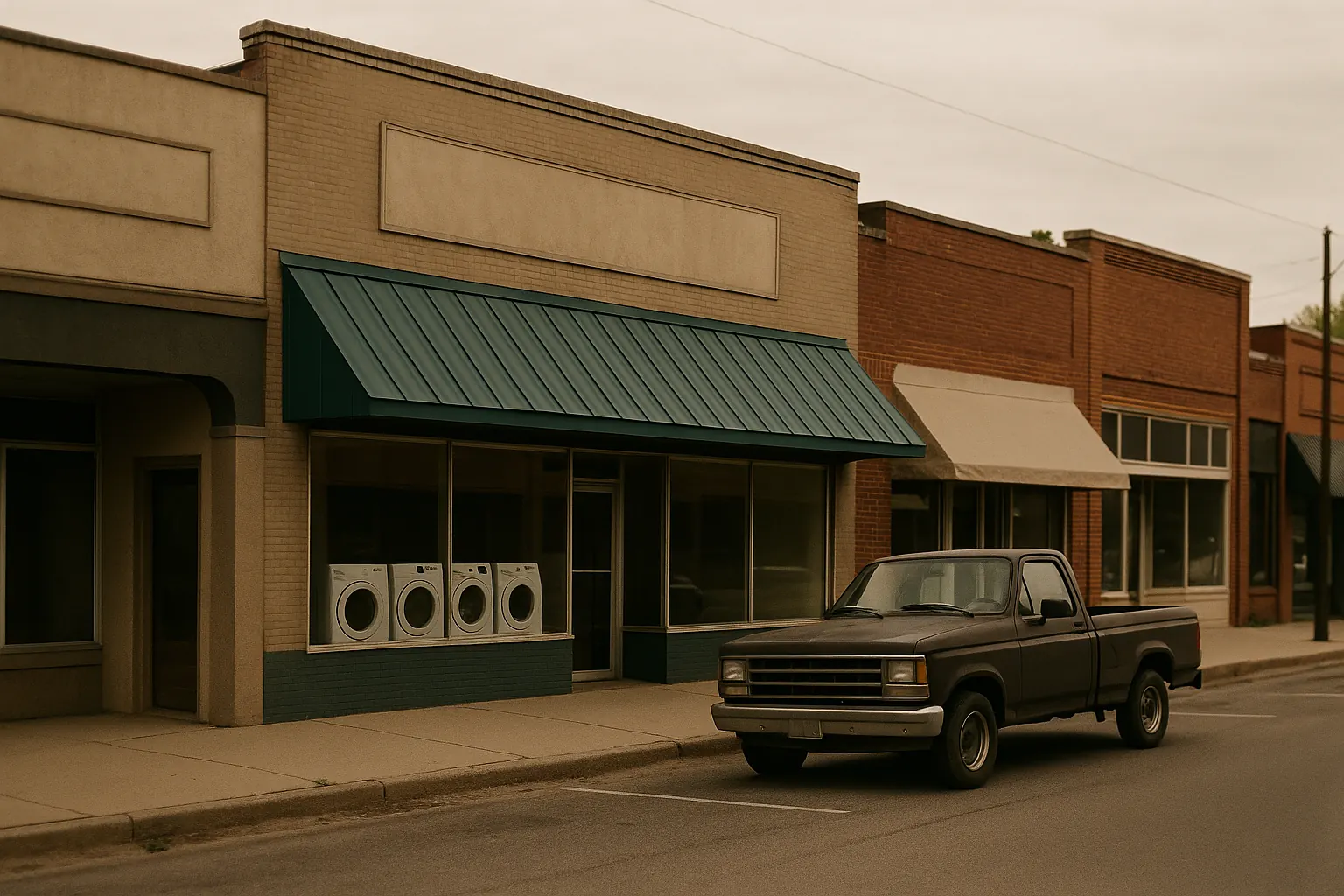 A modest small-town commercial street with an independent appliance store among other shops.