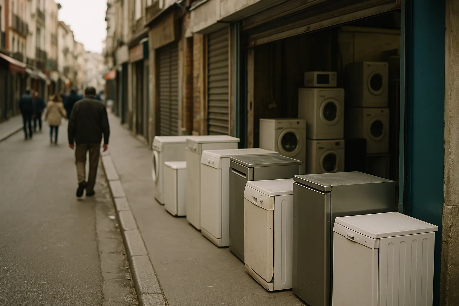 A dense urban shopping street with one open appliance storefront, machines on the sidewalk.