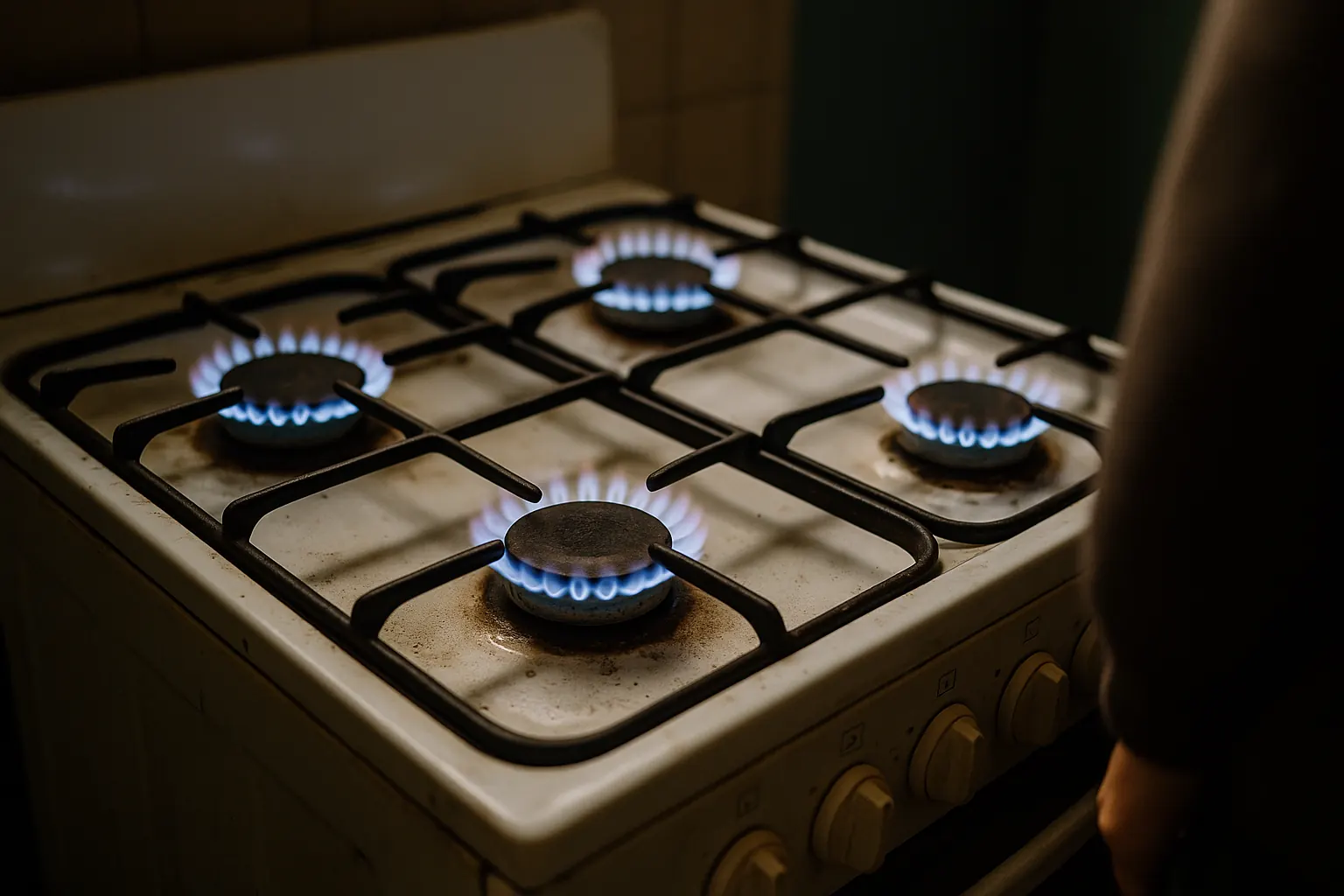 Blue gas flames lit on all burners of a freestanding range, close-up from above.