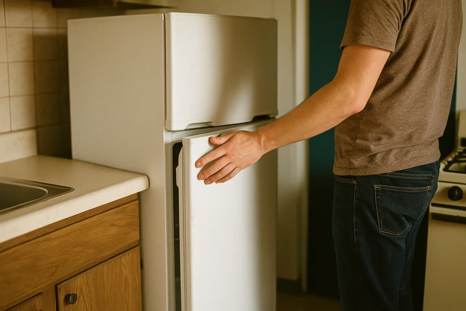 A compact used refrigerator newly installed in a small kitchen, a hand closing its door.