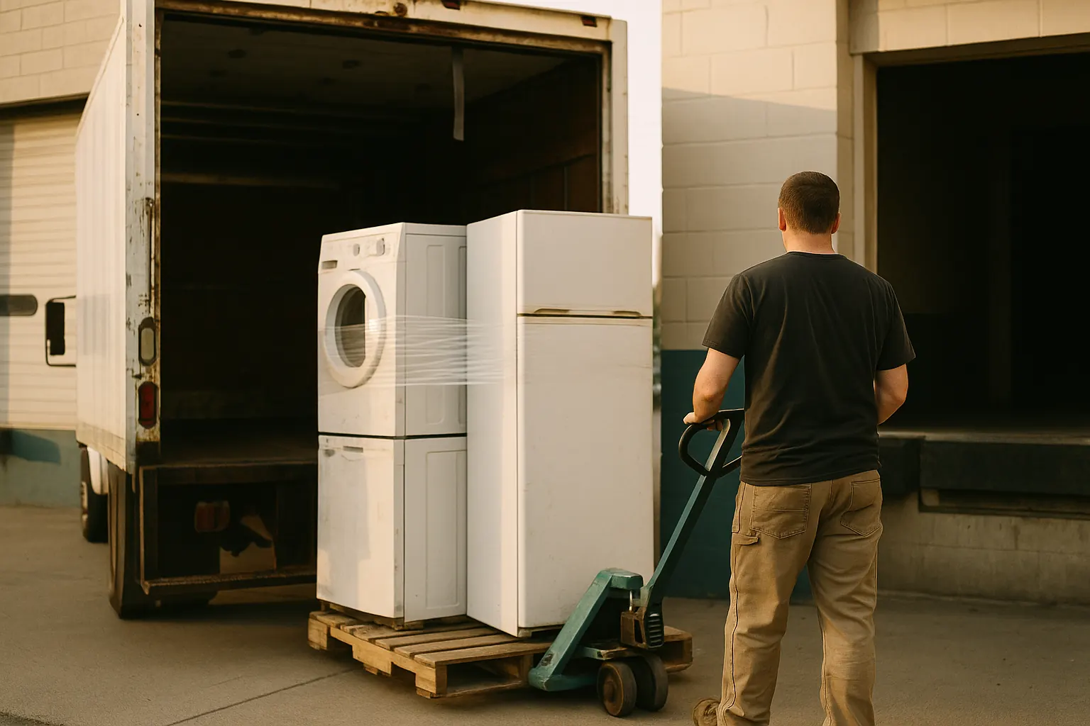 A loading dock with a box truck open, used appliances strapped on pallets being wheeled in.