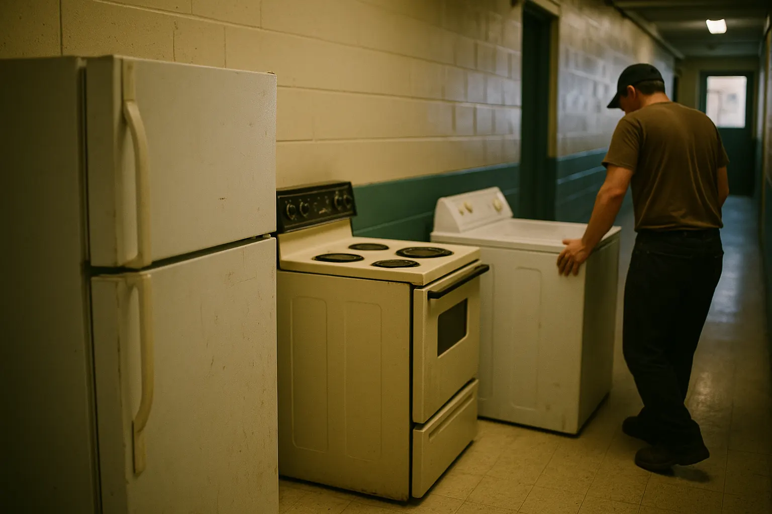 An apartment building service corridor with several older appliances staged for removal.
