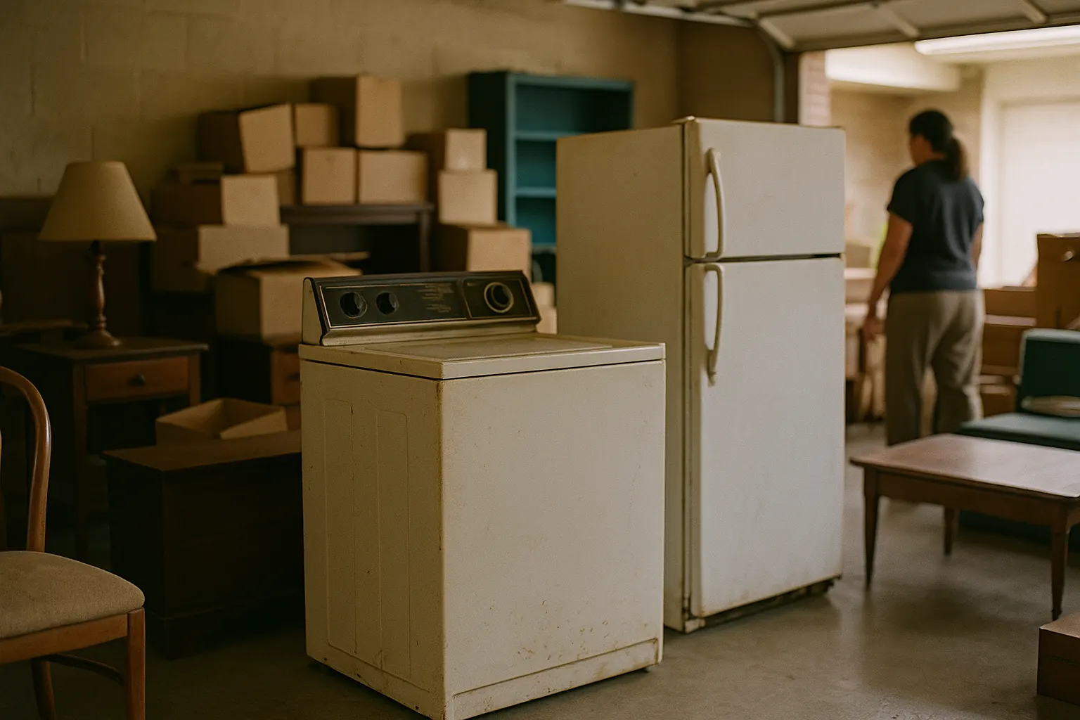 A residential garage estate-sale scene: an older washer and refrigerator among furniture and boxes.